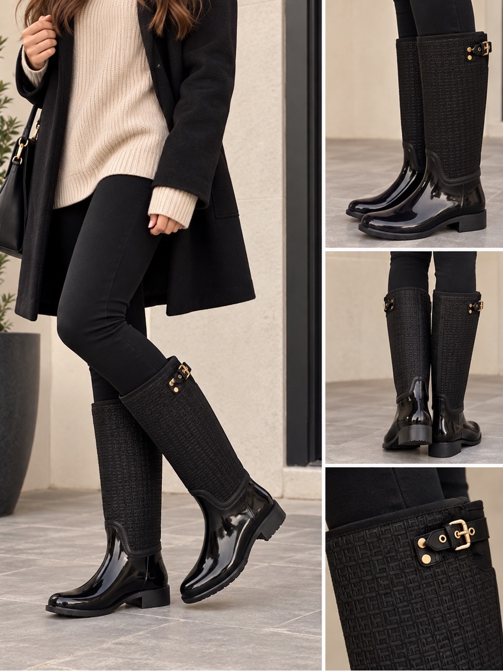 Tommy Hilfiger Black Quilted Tall Rain Boots with Gold Buckle